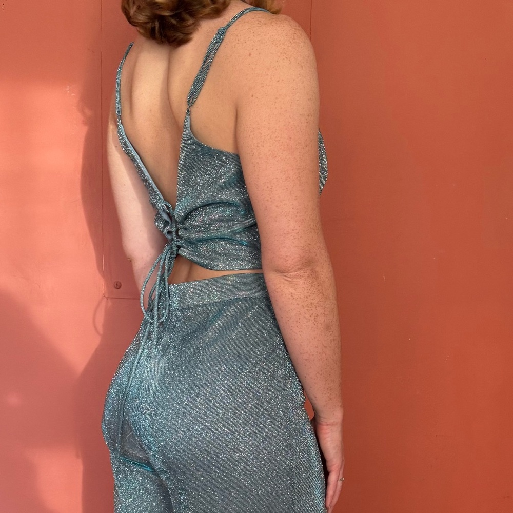 Lulu's Sparkly Disco Two Piece Set with Wide-Leg Pants and Cropped Top